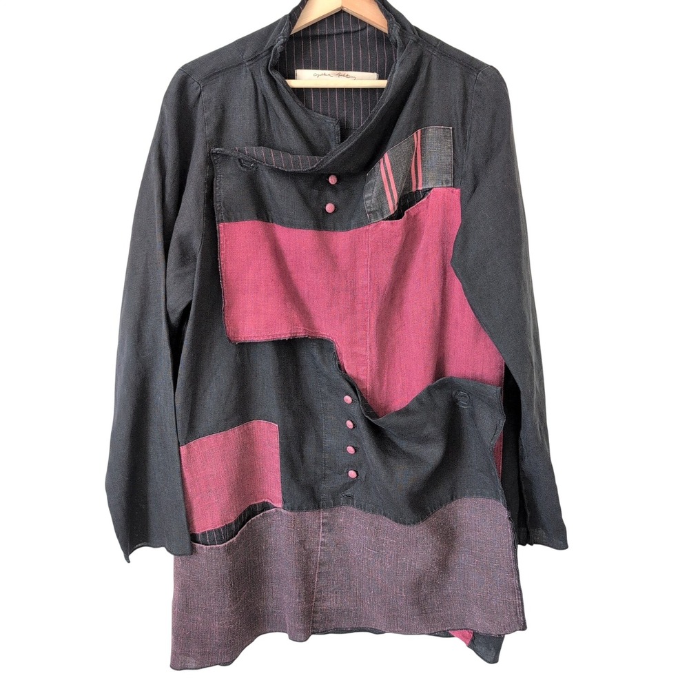 Cynthia Ashby Patchwork Linen Jacket Womens M Asymmetrical Lagenlook Avant Garde